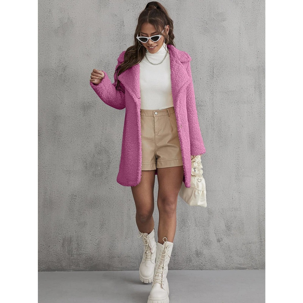 Button Front Teddy Coat Long Trench Coat Jacket hot pink faux fur - Picture 4 of 9